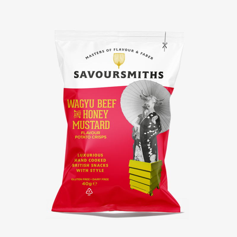 Bag of Savoursmiths Wagyu Beef & Honey Mustard hand-cooked potato crisps, 40g.