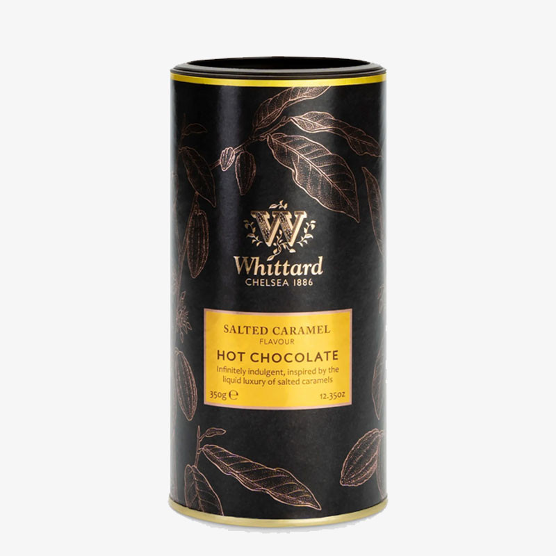 Whittard Salted Caramel Flavour Hot Chocolate in a black decorative cylindrical tin.
