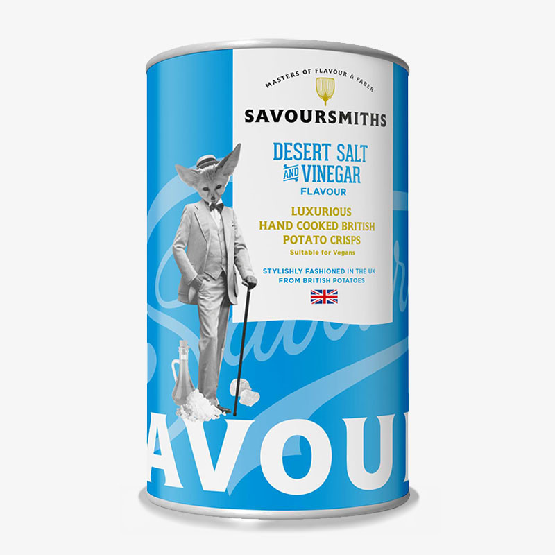 Tin of Savoursmiths Desert Salt & Vinegar flavour hand-cooked potato crisps.
