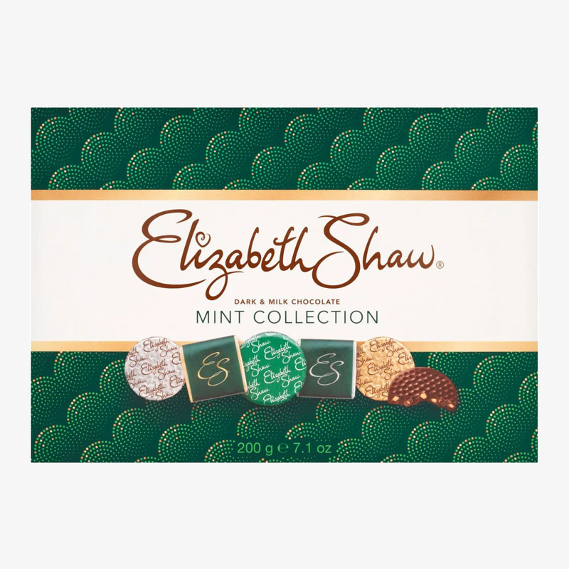 Elizabeth Shaw Dark & Milk Chocolate Mint Collection gift box with assorted mint chocolates and mint crisp illustrations on a green and white package.