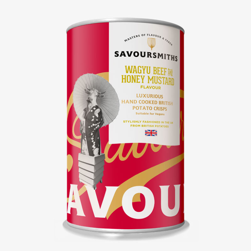 Tin of Savoursmiths Wagyu Beef & Honey Mustard flavour hand-cooked potato crisps.