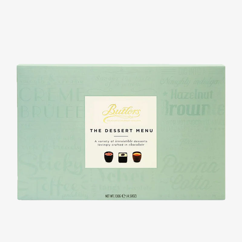 Box of Butlers The Dessert Menu assorted chocolates in a mint green gift box with a central white label.