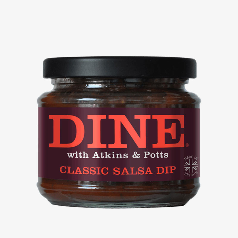 DINE Classic Salsa Dip in a glass jar with a black lid and bold burgundy label featuring large red branding.