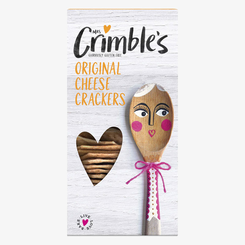 Box of Mrs Crimble’s Original Cheese Crackers with a heart-shaped window showing the crackers inside.