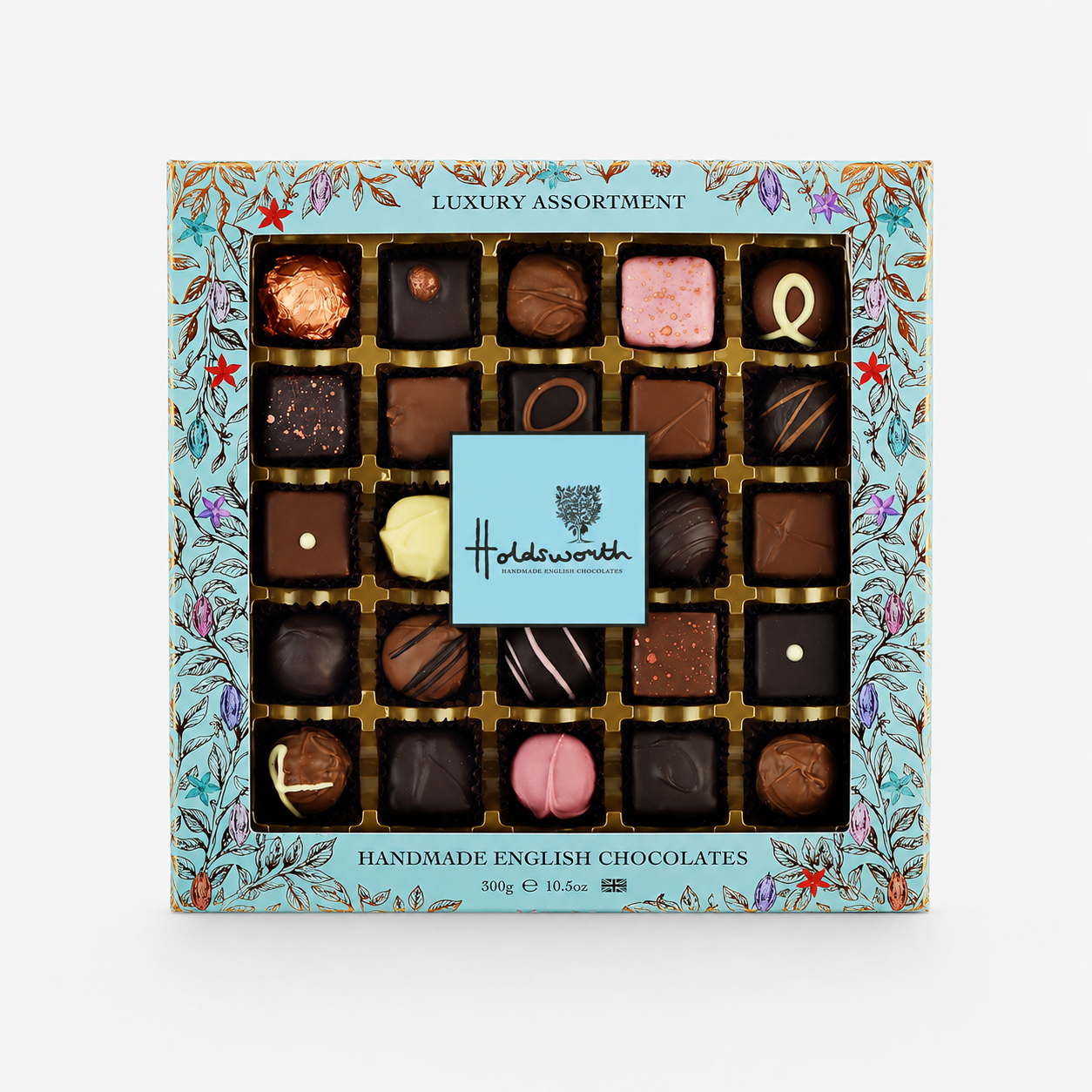 Holdsworth Luxury Assortment gift box featuring a selection of handmade English chocolates in a teal presentation box with a clear display window.