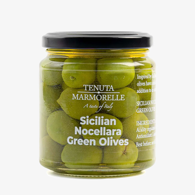 Jar of Tenuta Marmorelle Sicilian Nocellara Green Olives with black lid and clear glass packaging.