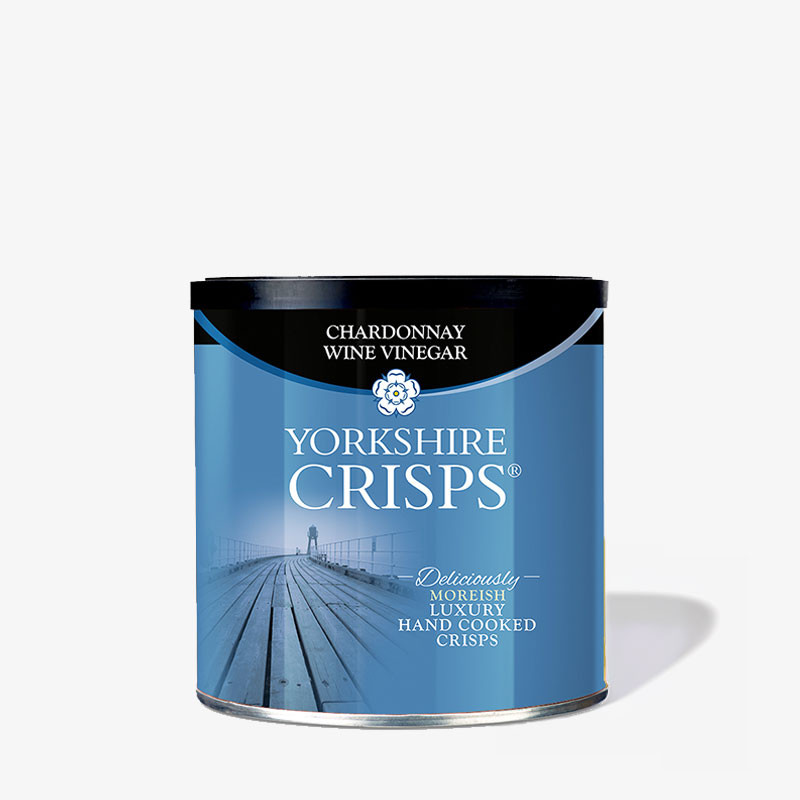 Blue Yorkshire Crisps Chardonnay Wine Vinegar tin featuring a pier image and luxury hand-cooked crisps branding.