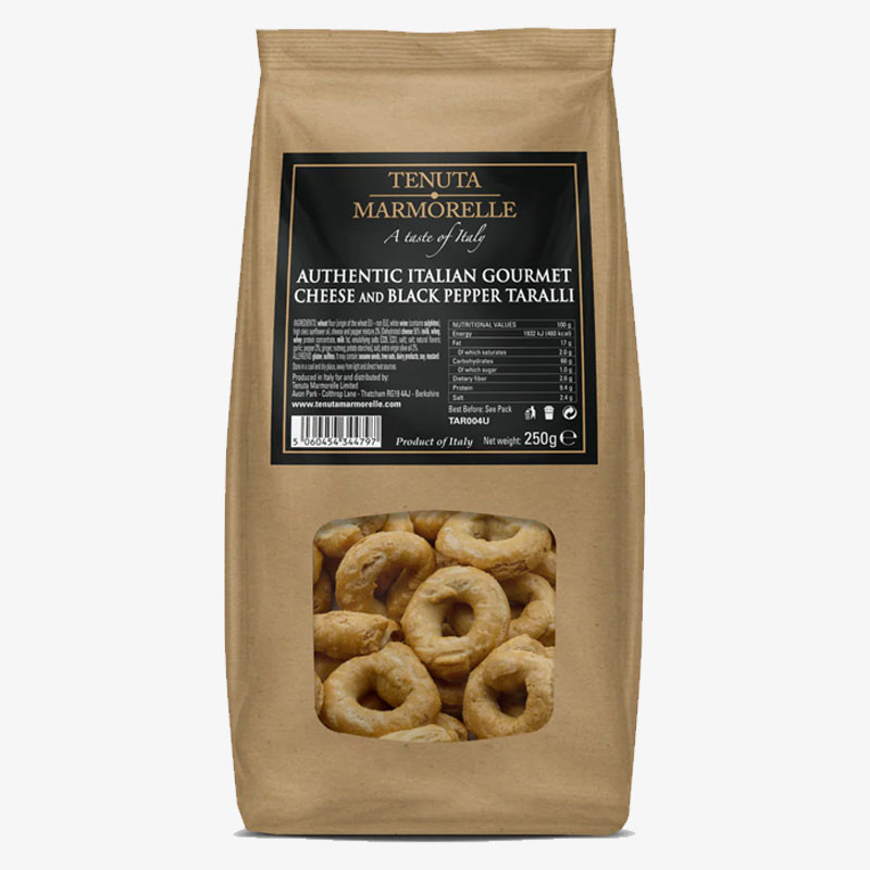 Bag of Tenuta Marmorelle Cheese and Black Pepper Taralli with viewing window showing ring-shaped Italian snacks.