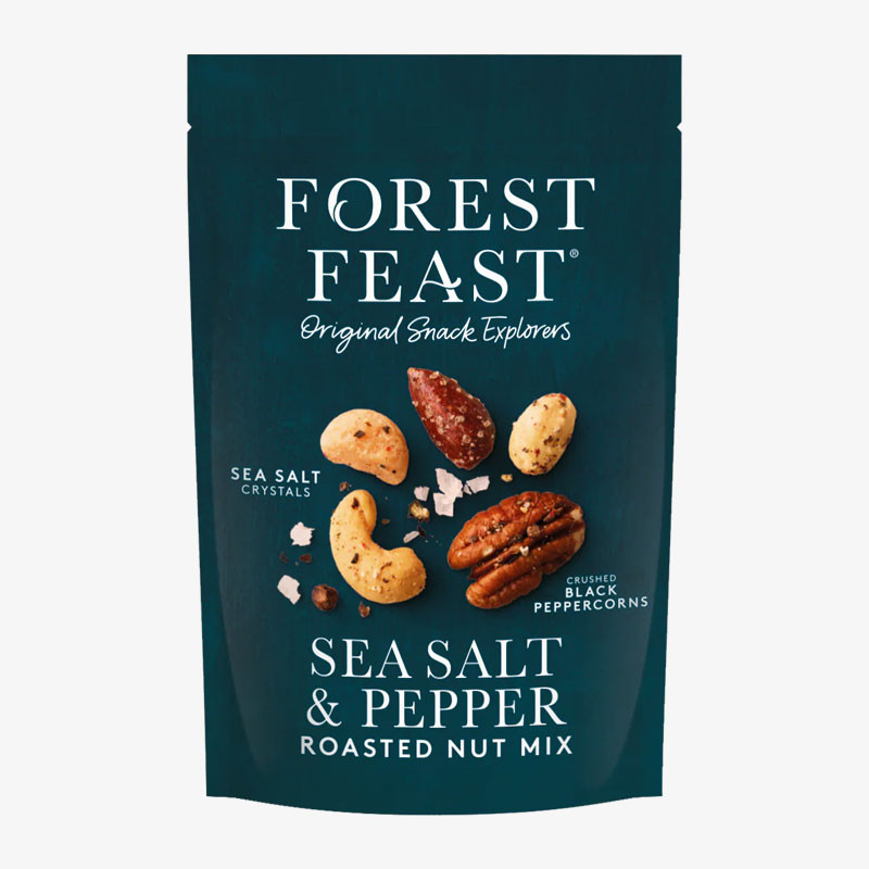 Forest Feast Sea Salt & Pepper Roasted Nut Mix in a deep teal resealable pouch featuring roasted nuts, sea salt crystals and black peppercorns.