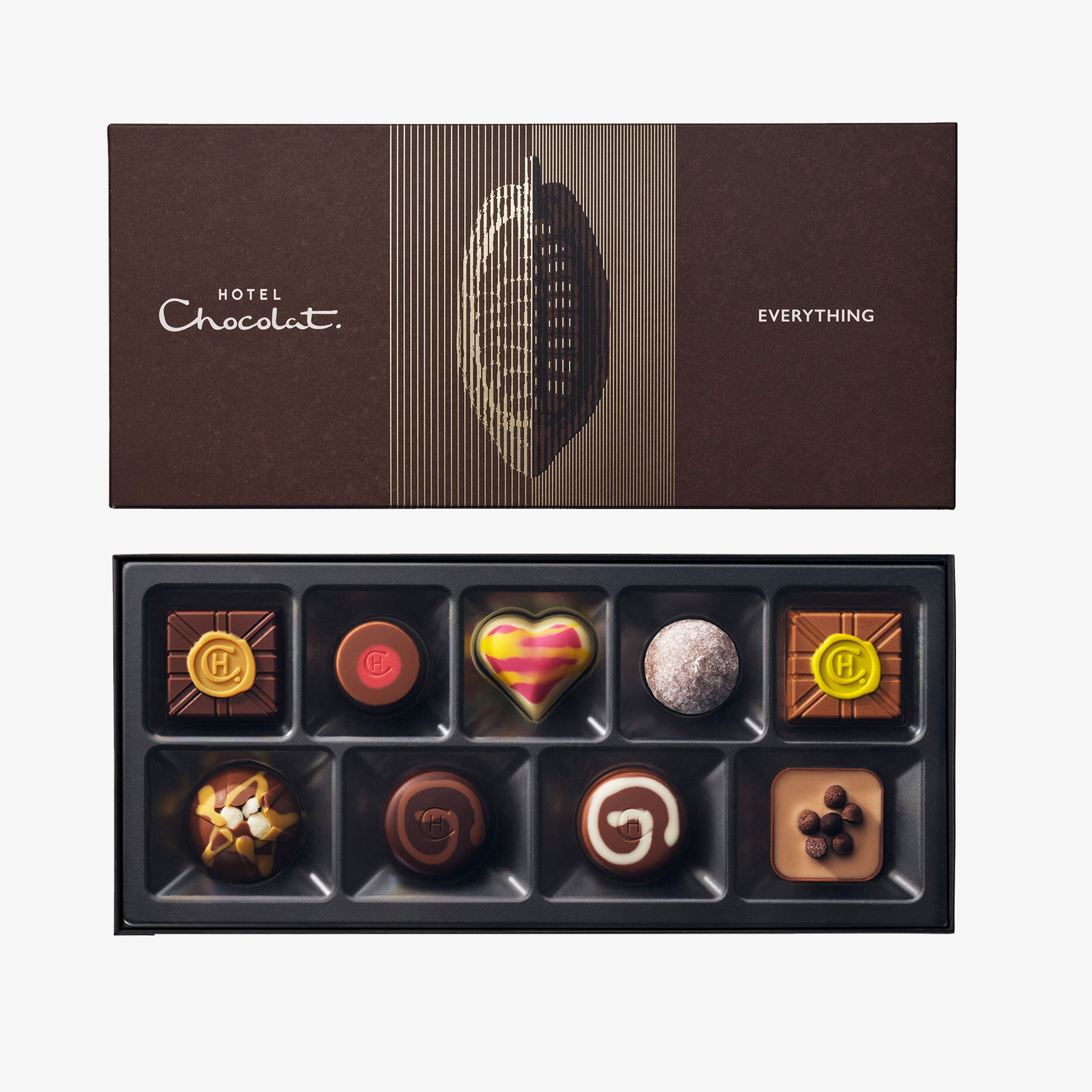Open box of Hotel Chocolat Everything Collection featuring ten assorted luxury chocolates in a dark brown gift box.
