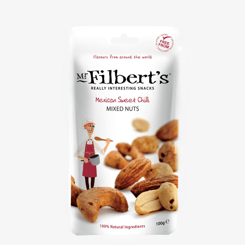 Mr Filbert’s Mexican Sweet Chilli Mixed Nuts in a white stand-up pouch with images of mixed nuts and an illustrated chef character.