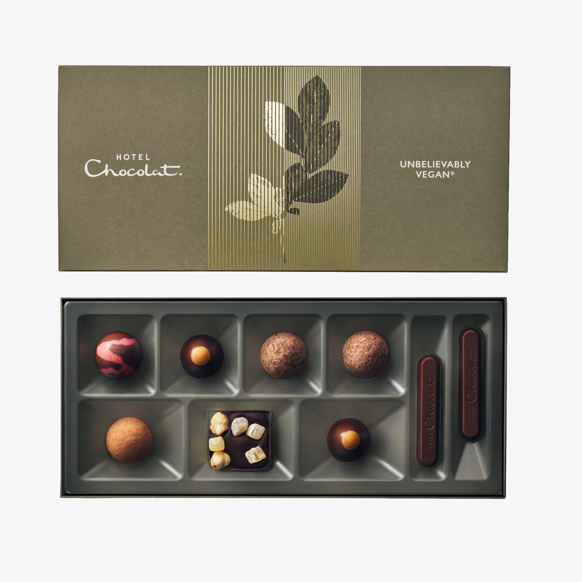 Open box of Hotel Chocolat Unbelievably Vegan chocolates featuring ten assorted vegan chocolates in an olive green gift box.