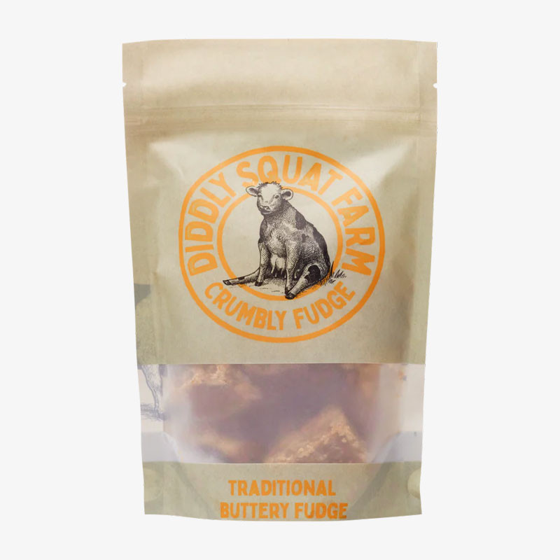 Diddly Squat Farm Traditional Buttery Fudge in a kraft-paper stand-up pouch with a clear window showing pieces of crumbly fudge.