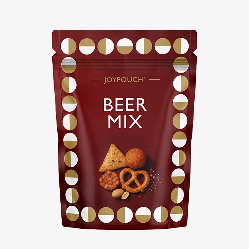 Dark red JoyPouch Beer Mix pouch featuring a savoury snack mix with pretzels, peanuts and crunchy seasoned snacks.