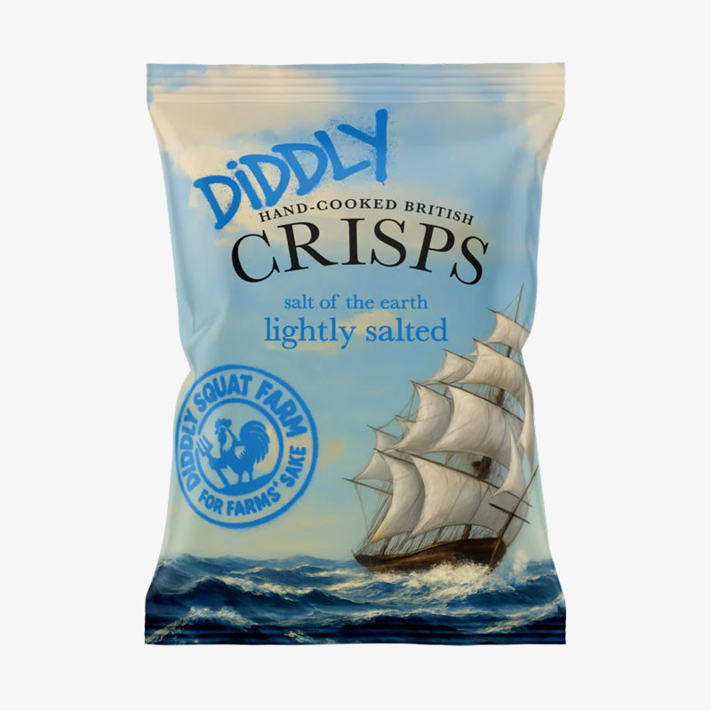 Diddly Salt of the Earth Lightly Salted hand-cooked crisps in a blue-themed bag featuring a sailing ship and Diddly Squat Farm branding.