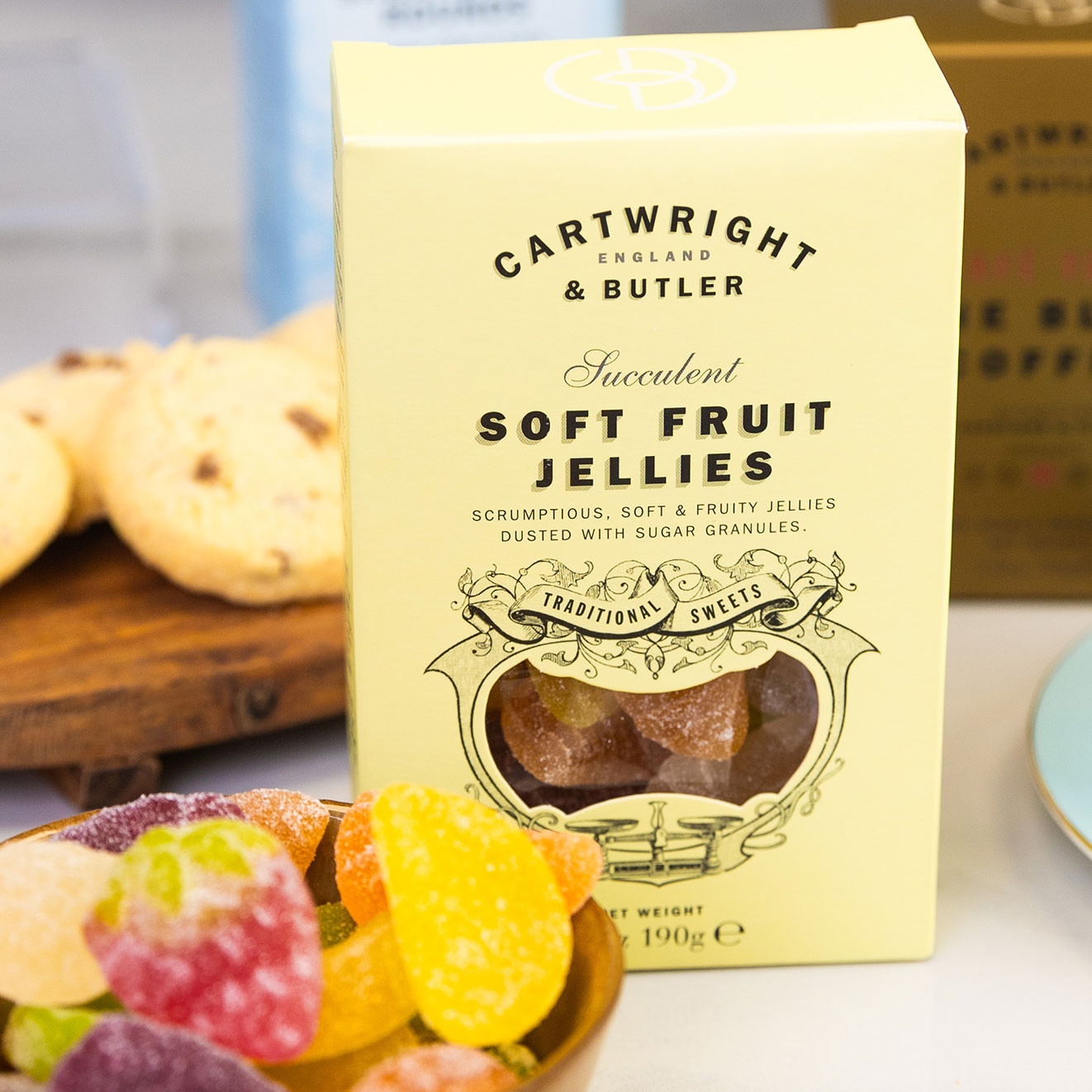 Cartwright & Butler Soft Fruit Jellies displayed beside a bowl of sugar-coated fruit jellies.