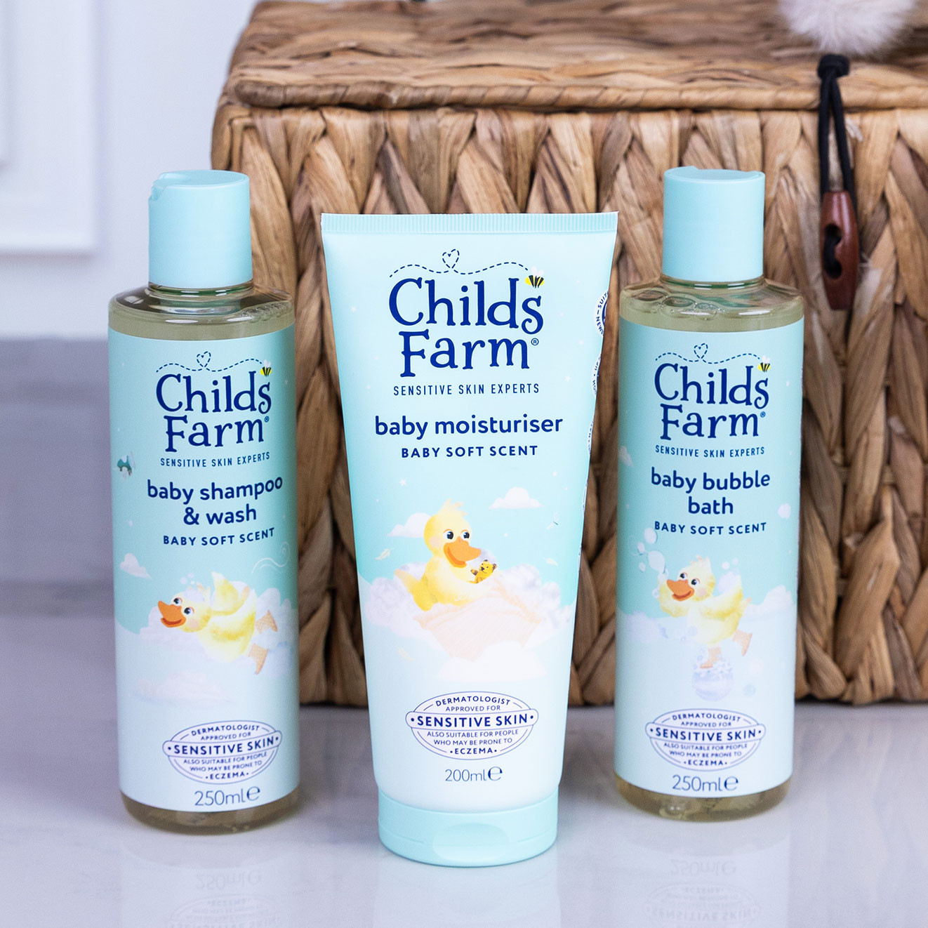 Childs Farm Baby Soft Scent collection featuring baby shampoo and wash, baby moisturiser and baby bubble bath for sensitive skin.