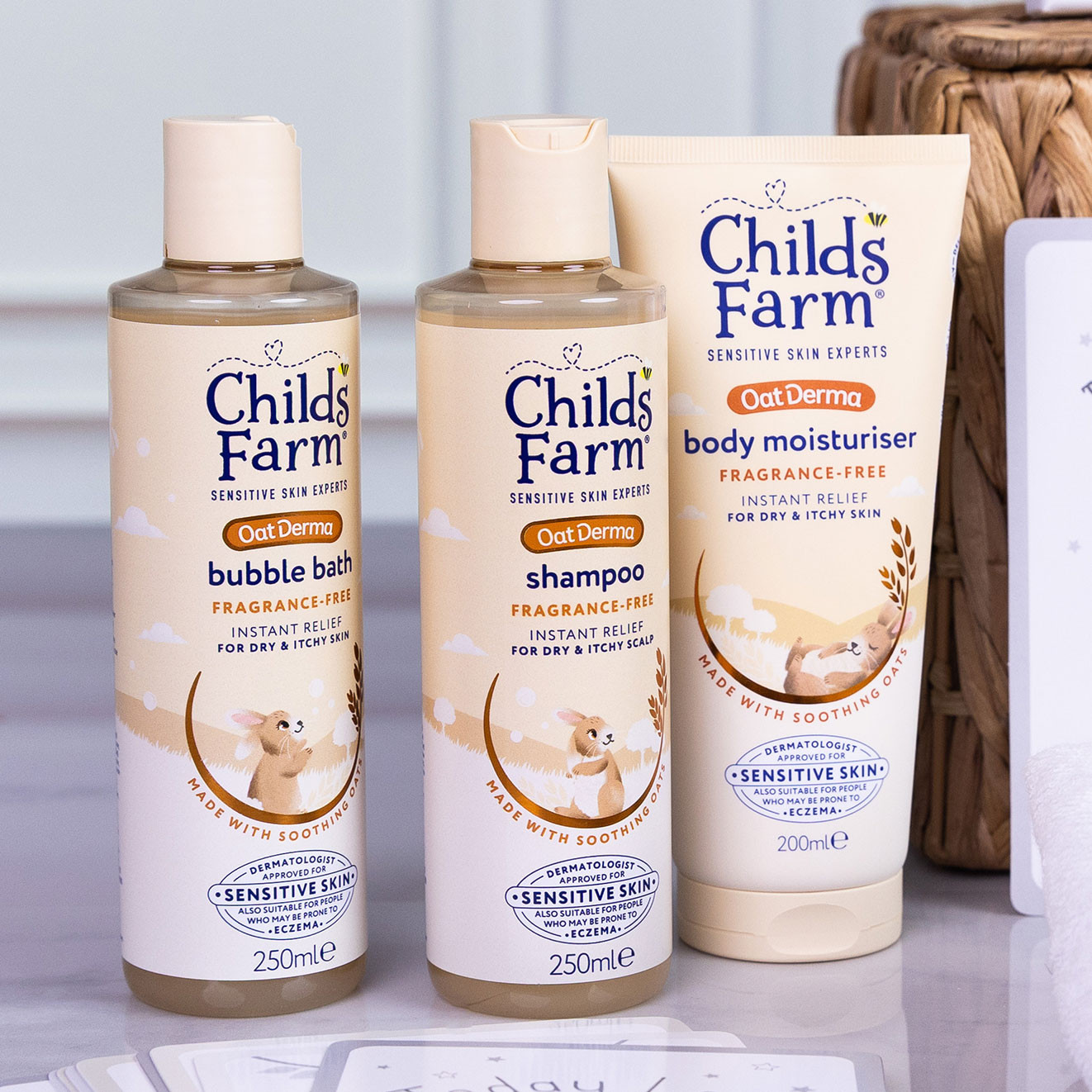 Childs Farm OatDerma fragrance-free baby skincare collection including bubble bath, shampoo and body moisturiser for sensitive and eczema-prone skin.
