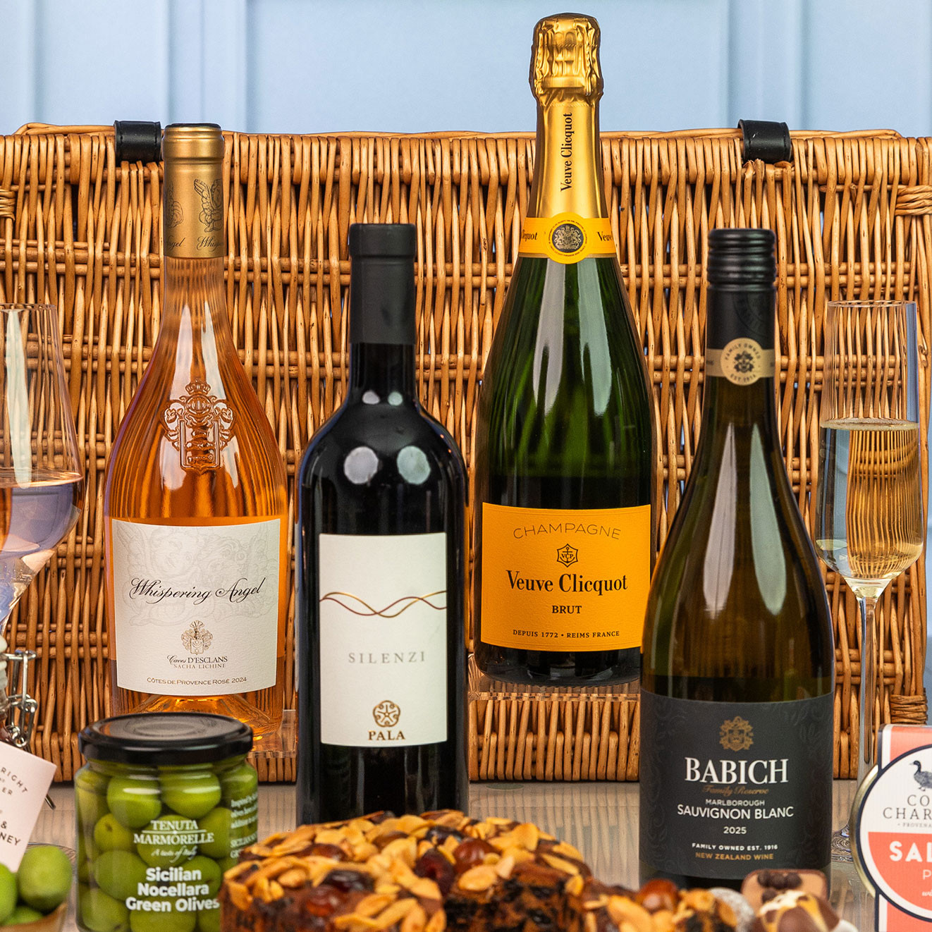 Premium wine selection featuring Whispering Angel rosé, Silenzi red wine, Veuve Clicquot Champagne and Babich Marlborough Sauvignon Blanc.
