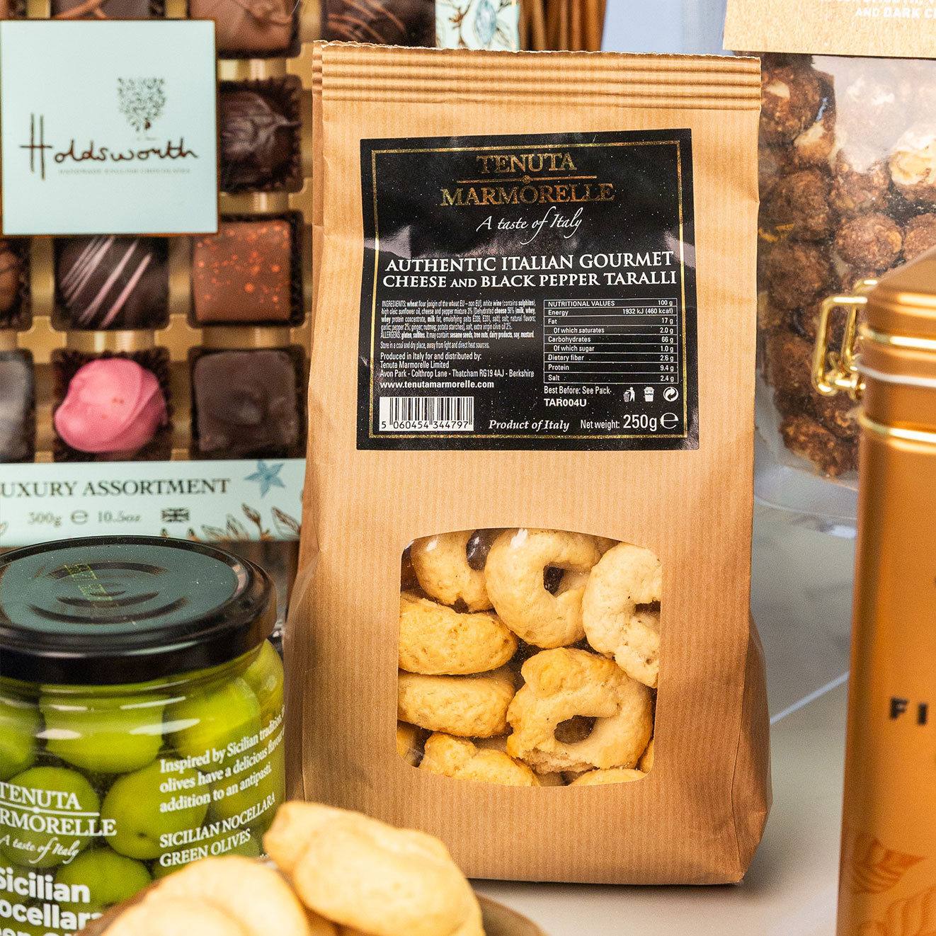 Tenuta Marmorelle Authentic Italian Gourmet Cheese and Black Pepper Taralli, traditional savoury Italian ring-shaped snacks.