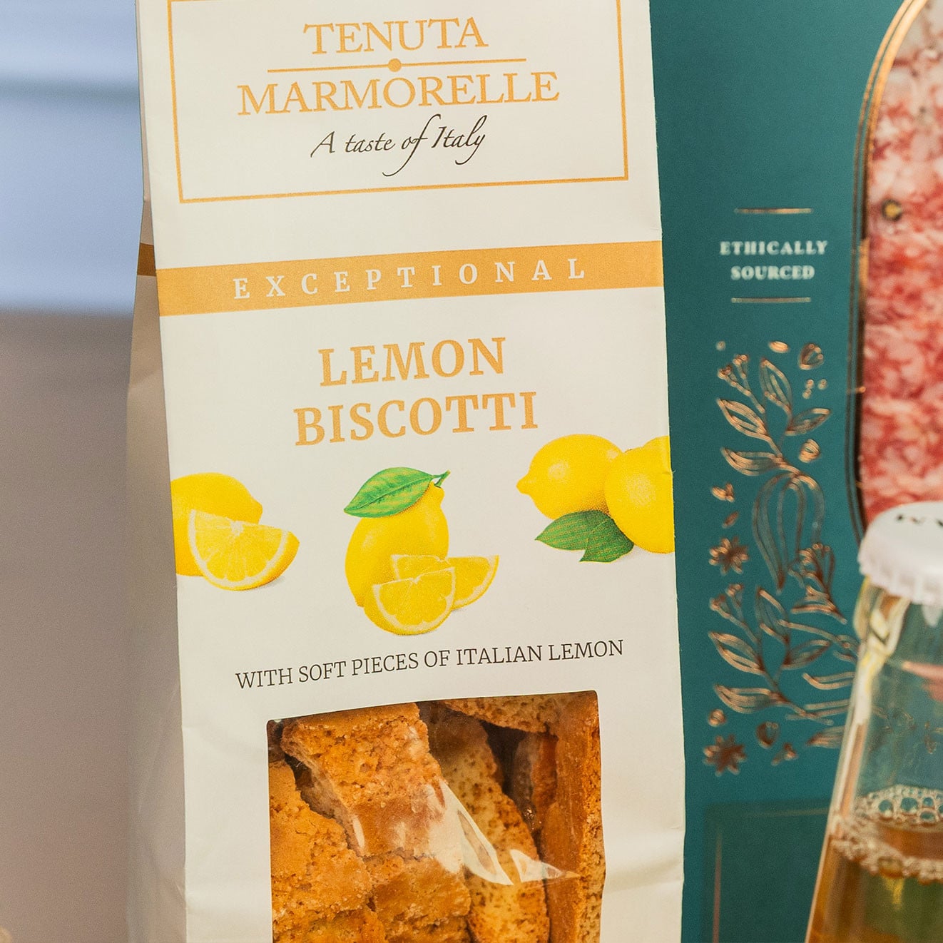 Tenuta Marmorelle Lemon Biscotti made with soft pieces of Italian lemon, perfect with coffee or dessert.