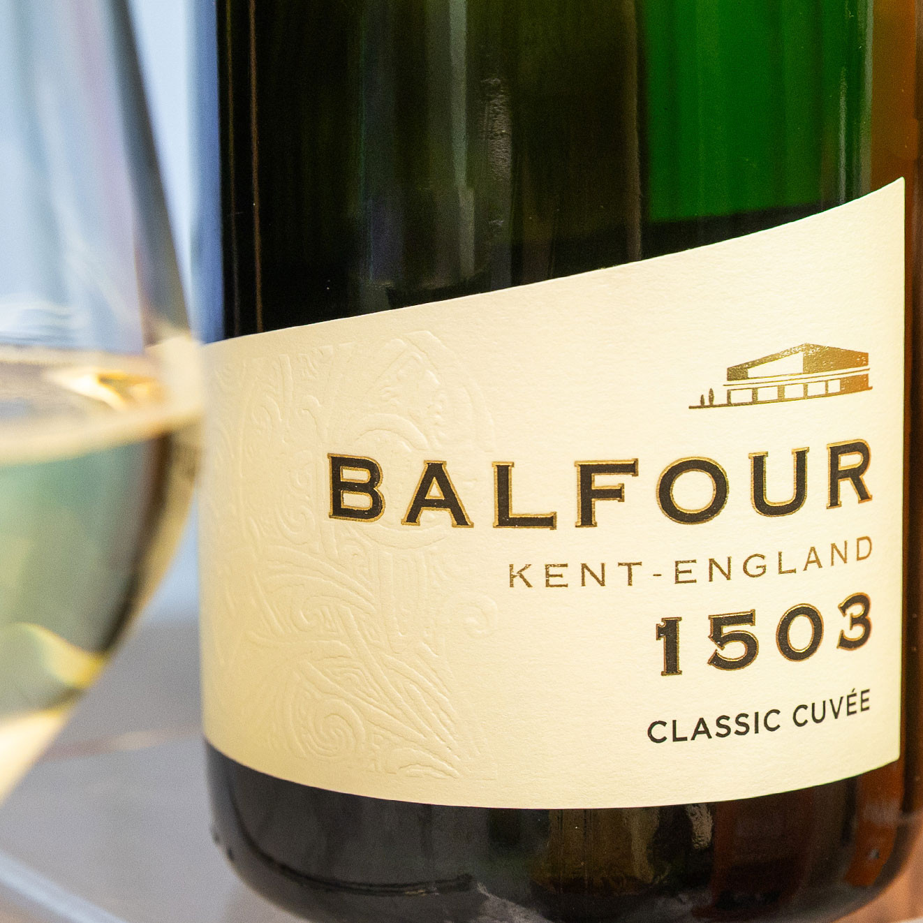 Bottle of Balfour 1503 Classic Cuvée English sparkling wine, an elegant centrepiece for celebrations and gifting.