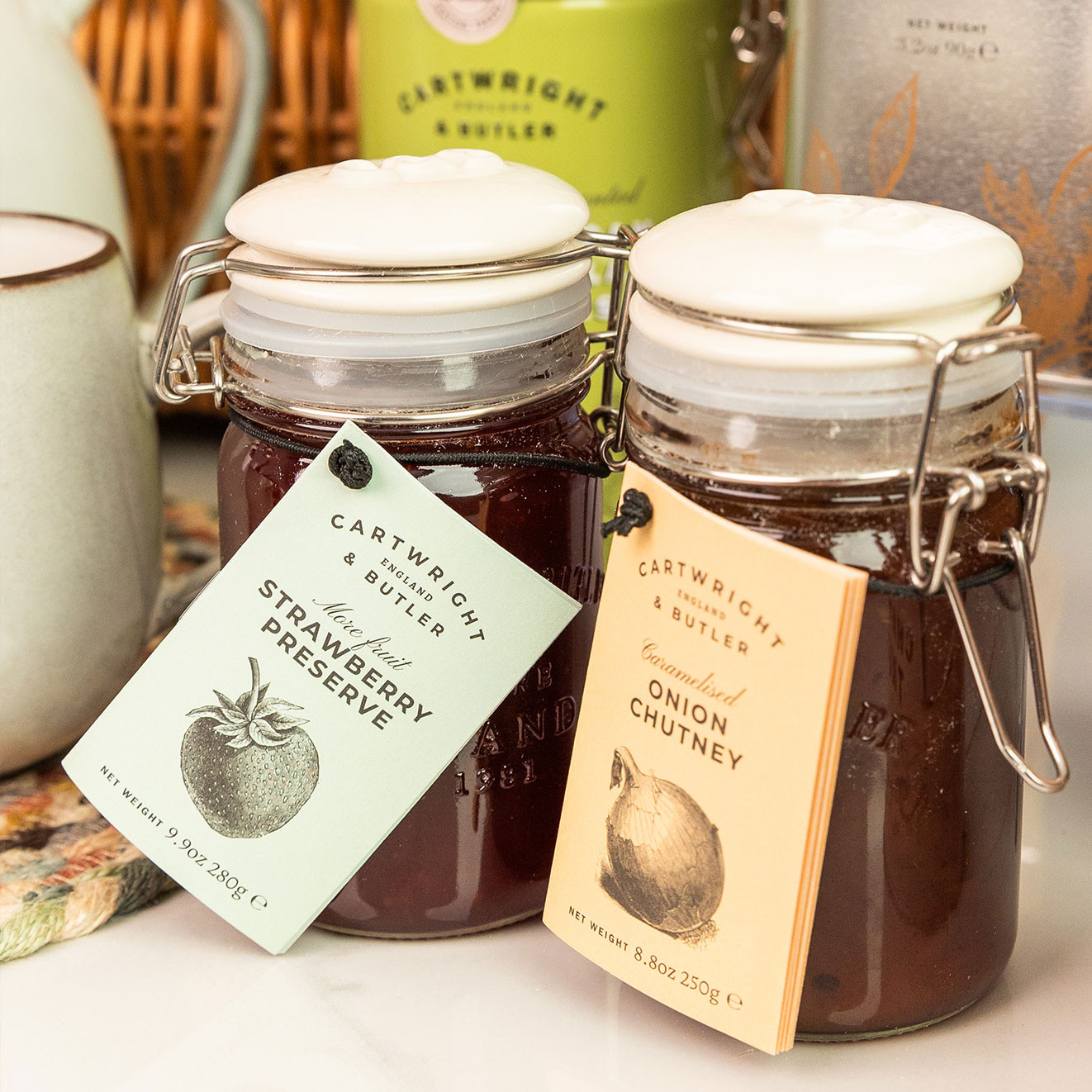 Cartwright & Butler Strawberry Preserve and Caramelised Onion Chutney in clip-top jars, perfect for breakfast, cheese boards and savoury snacks.