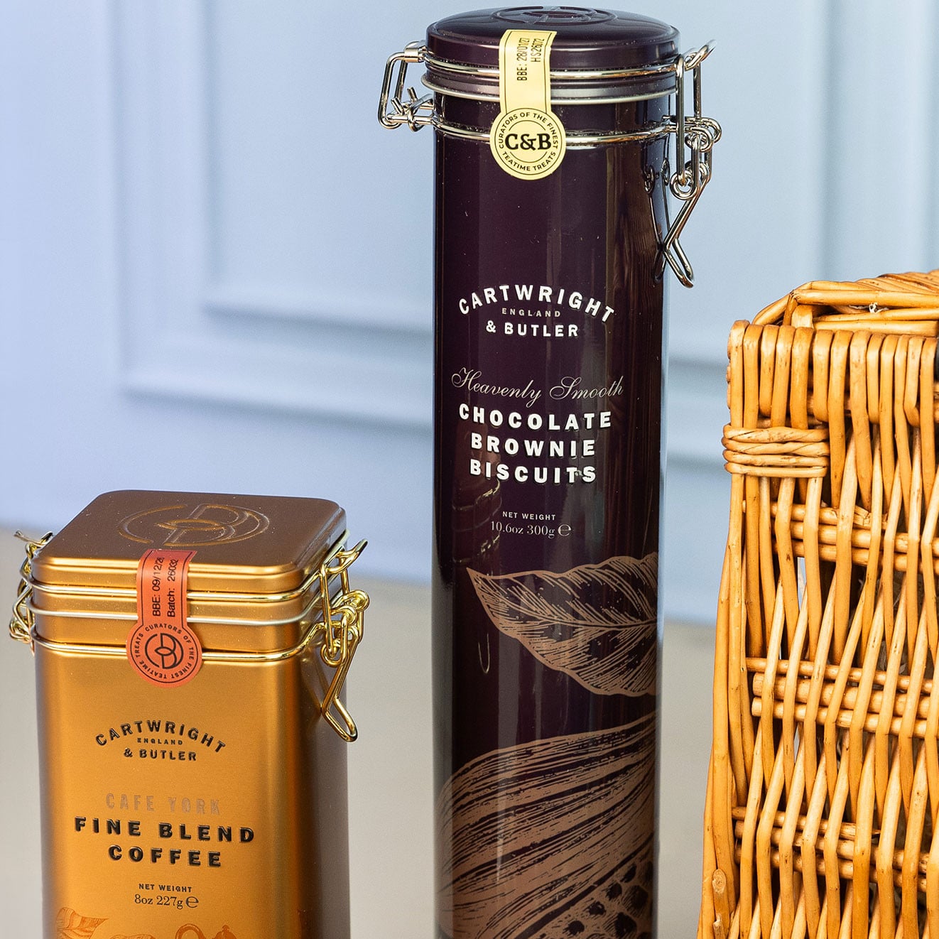 Cartwright & Butler Fine Blend Coffee and Chocolate Brownie Biscuits in signature storage tins, ideal for coffee lovers and afternoon treats.