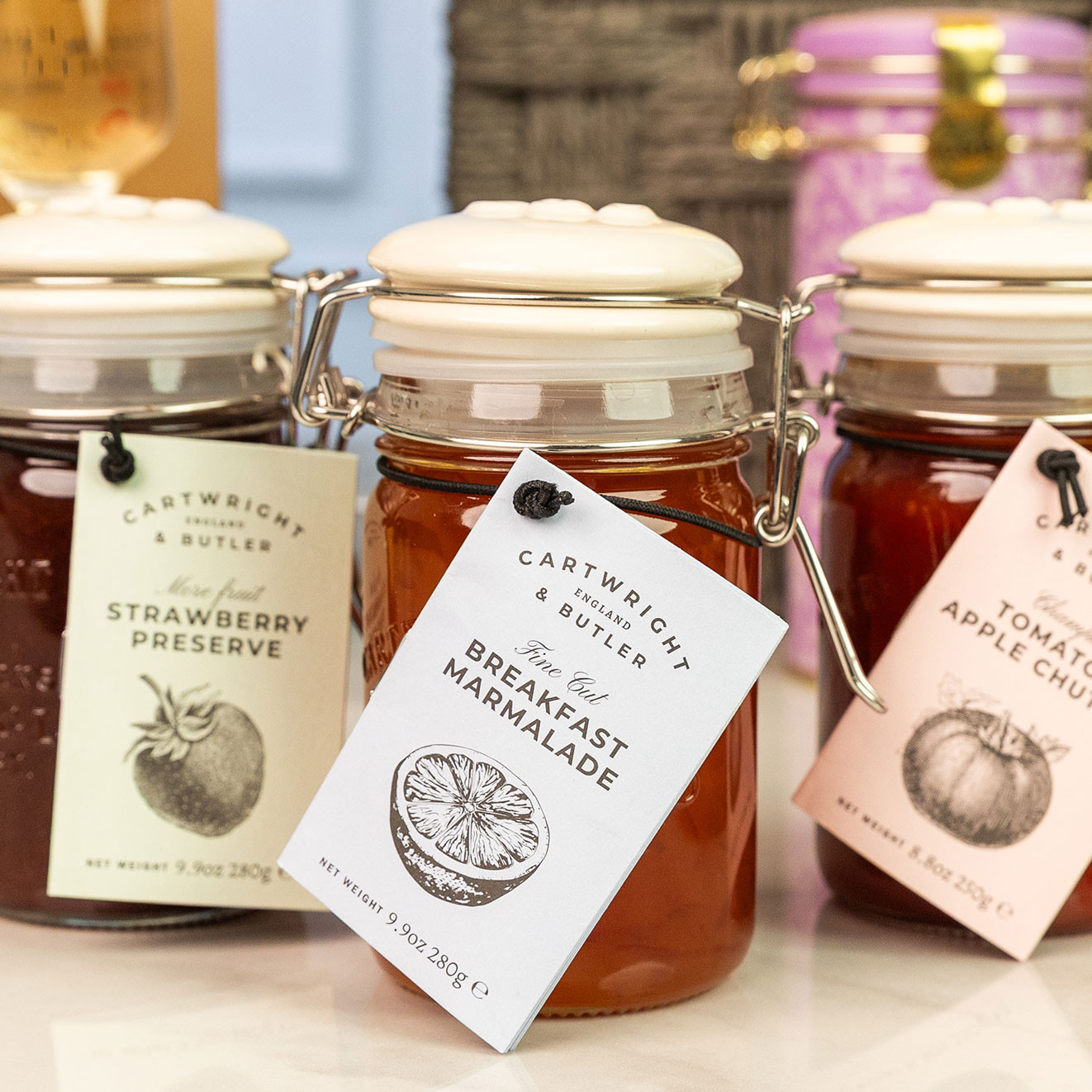 Cartwright & Butler Breakfast Marmalade, Strawberry Preserve and Tomato & Apple Chutney in signature clip-top jars for gourmet breakfasts and cheeseboards.