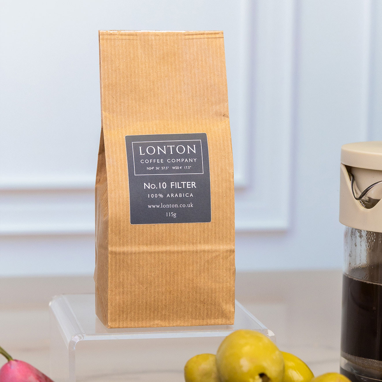 Lonton Coffee Company No.10 Filter 100% Arabica ground coffee in a kraft paper bag, ready for cafetière brewing.