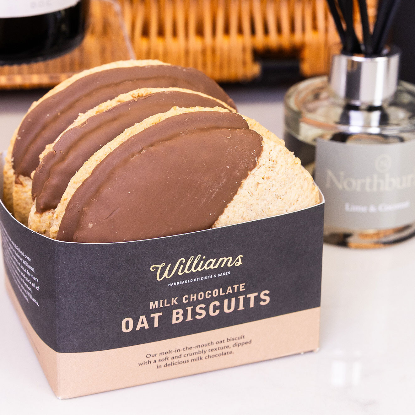 Williams milk chocolate oat biscuits with buttery oat biscuits half-coated in smooth milk chocolate.
