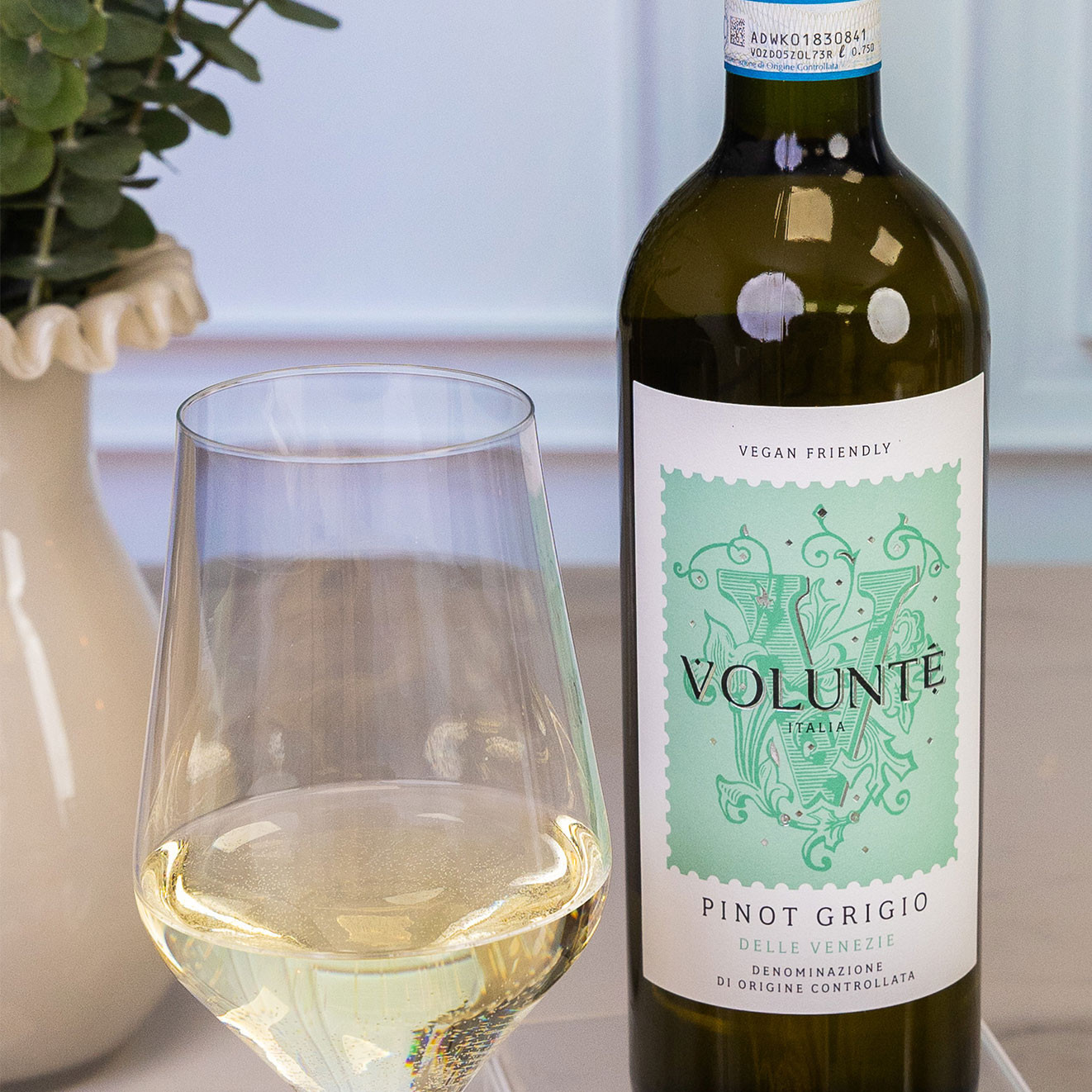 Volunté Pinot Grigio Delle Venezie vegan-friendly Italian white wine served with a chilled glass of white wine.