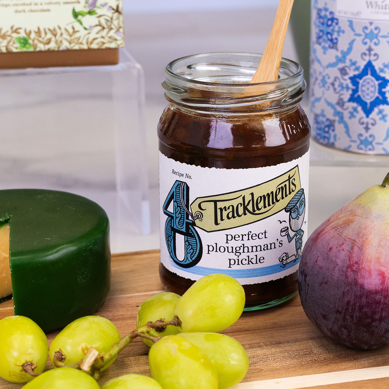 Tracklements Perfect Ploughman's Pickle, a traditional British pickle ideal for serving with mature cheddar, crackers and cheese boards.