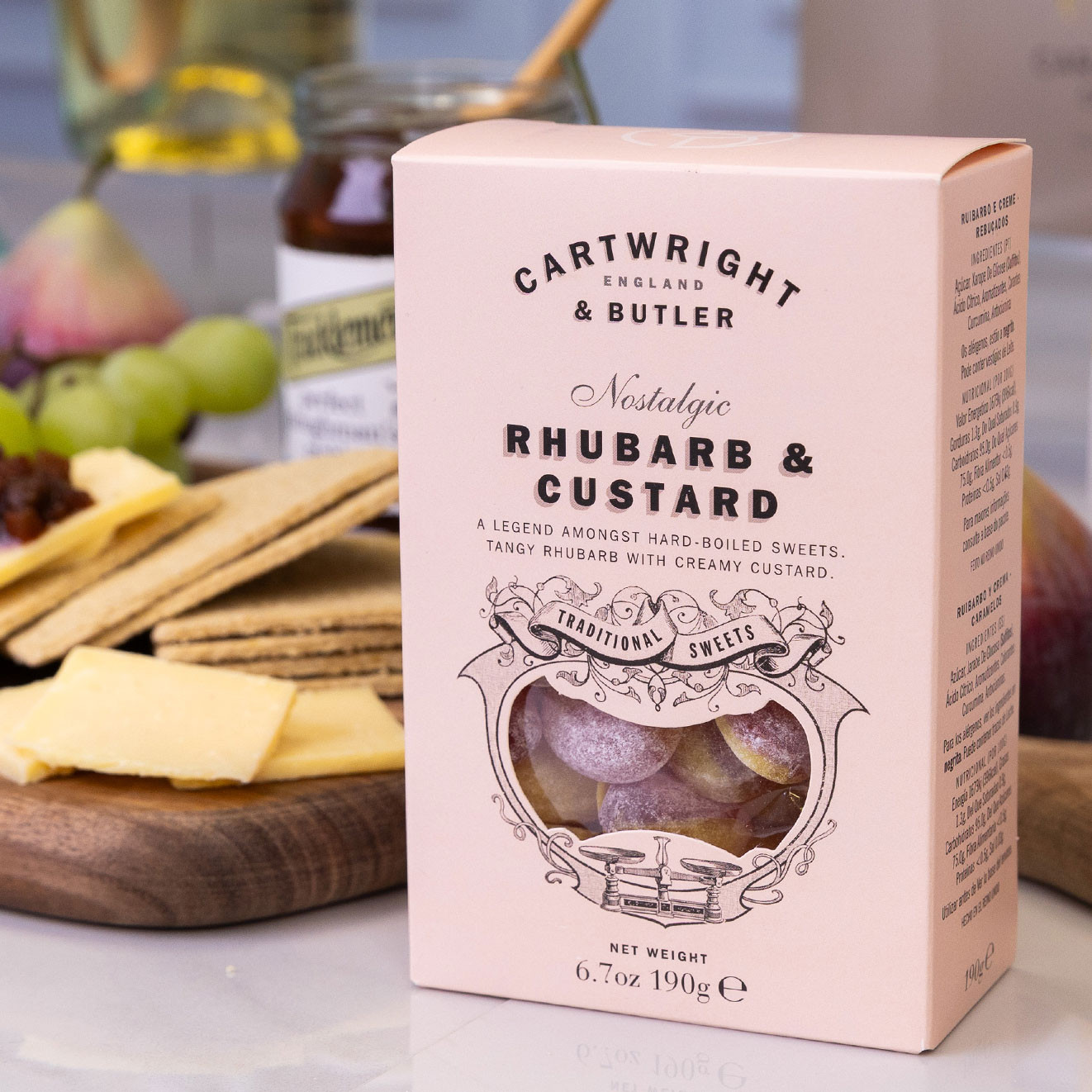 Cartwright & Butler Nostalgic Rhubarb & Custard traditional hard-boiled sweets with tangy rhubarb and creamy custard flavours.
