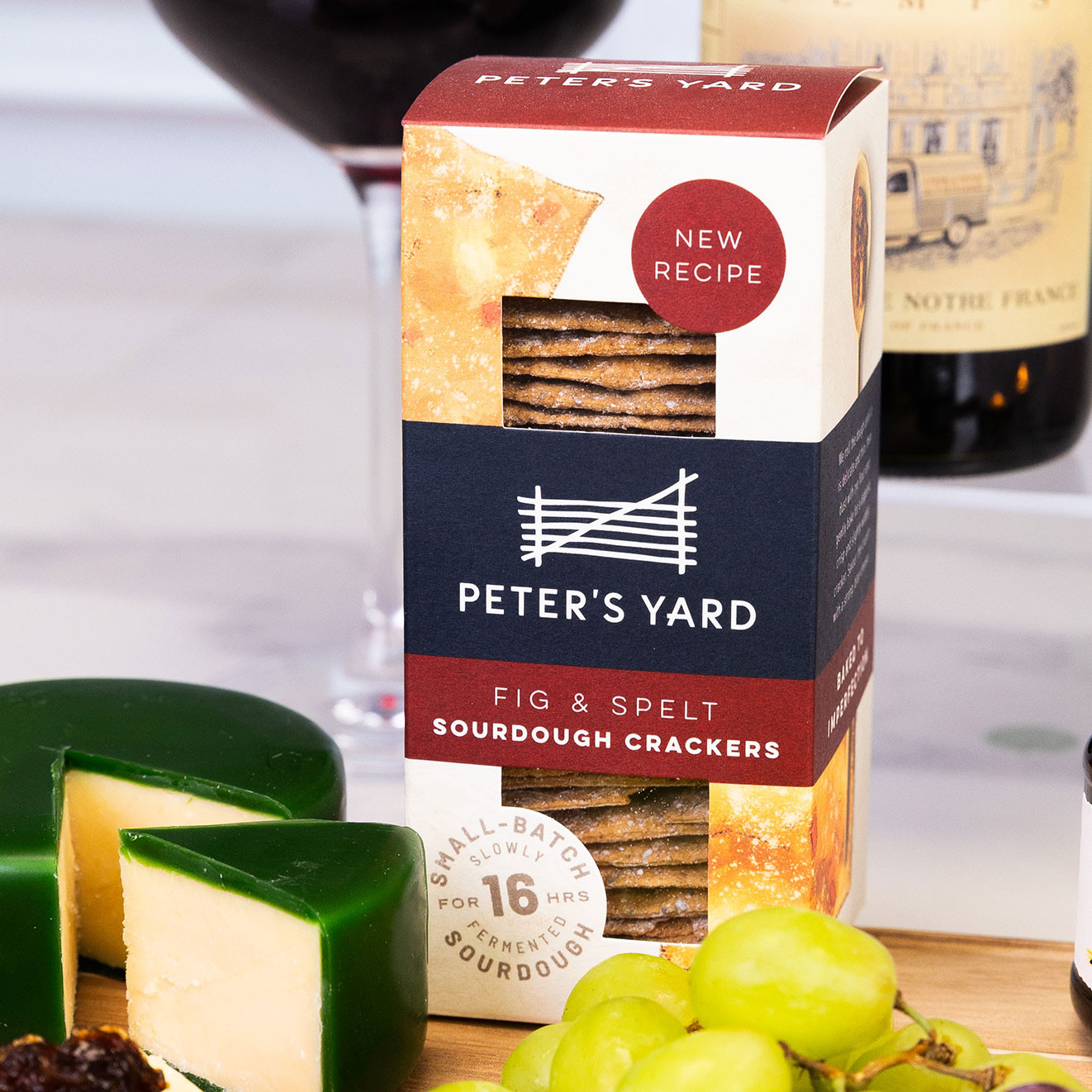 Peter's Yard Fig & Spelt Sourdough Crackers, crafted in small batches and perfect for pairing with mature cheese and chutney.