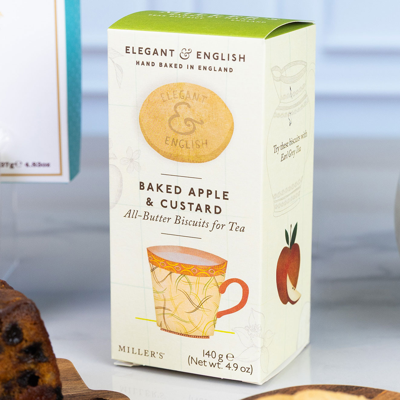 Elegant & English Baked Apple & Custard all-butter biscuits, handcrafted in England and designed for serving with tea.