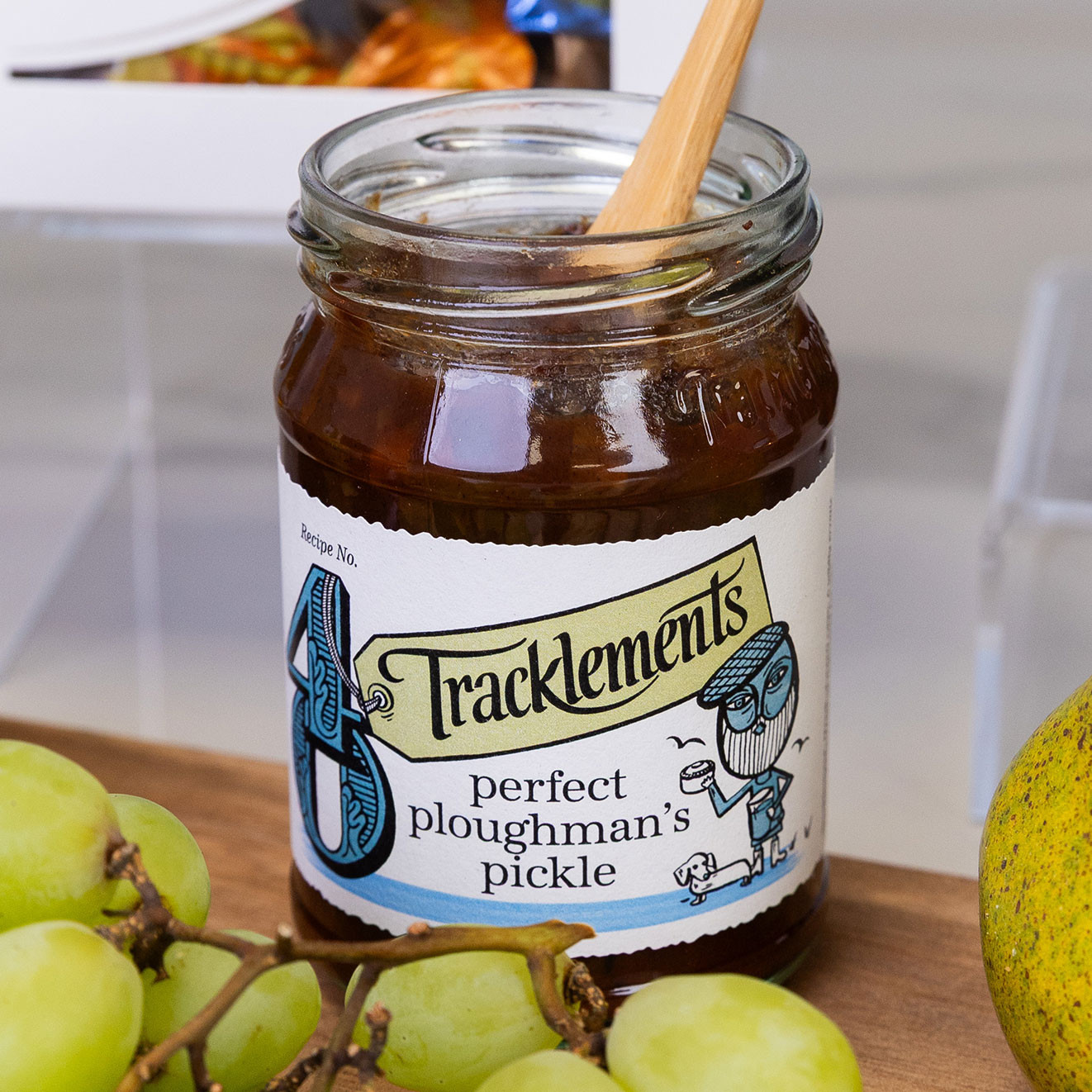 Tracklements Perfect Ploughman's Pickle served in an open jar, perfect for pairing with cheese, crackers and savoury platters.