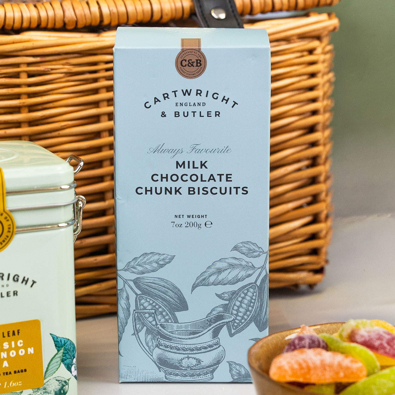 Cartwright & Butler Milk Chocolate Chunk Biscuits in a gift box, made with generous milk chocolate chunks for a rich, buttery treat.