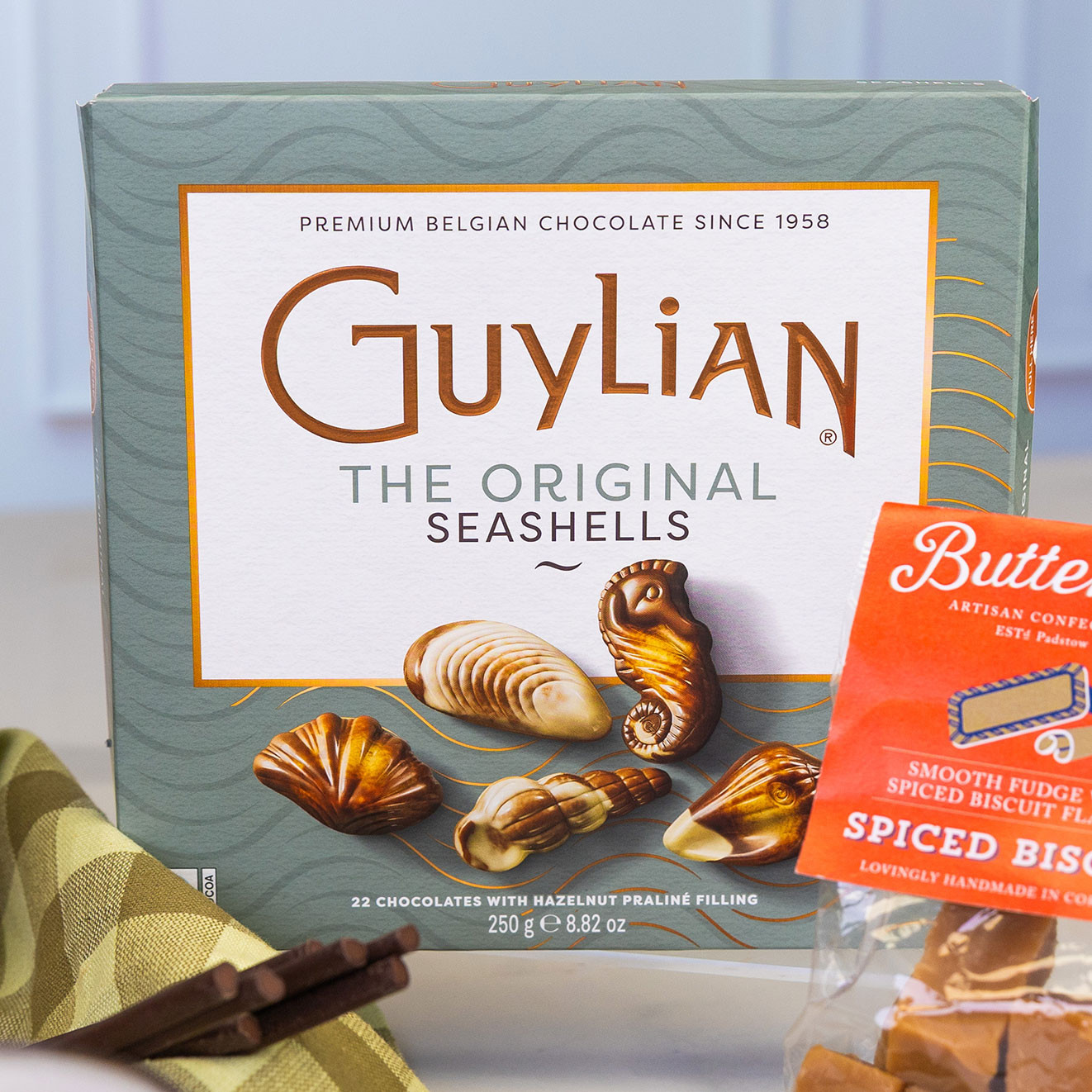Box of Guylian Original Belgian Seashell chocolates with hazelnut praline filling, beautifully presented for chocolate lovers and gifting.