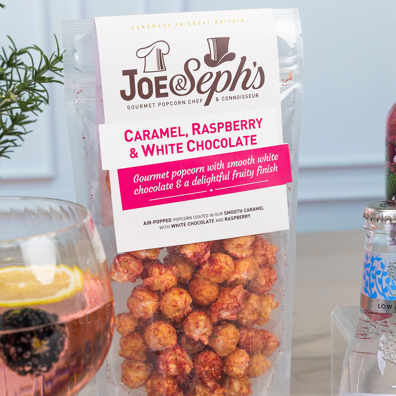 Joe & Seph's caramel, raspberry and white chocolate gourmet popcorn, handcrafted with sweet caramel, creamy white chocolate and a fruity raspberry finish.