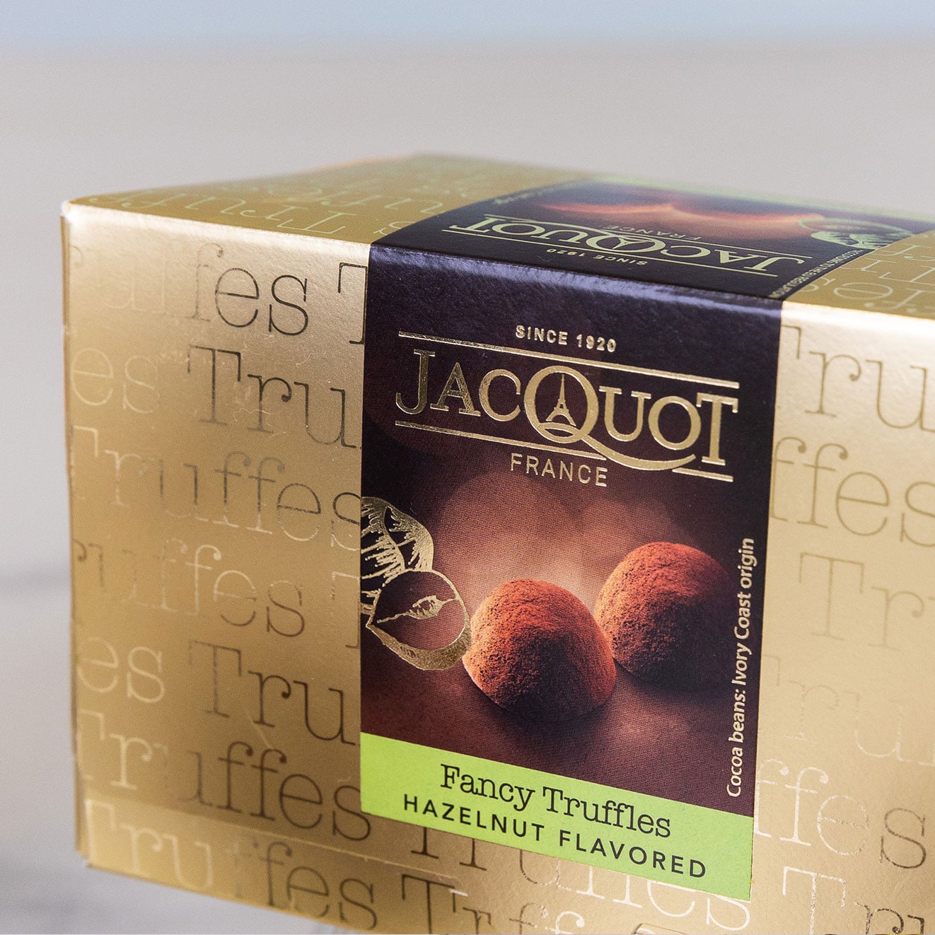 Box of Jacquot Fancy Truffles with hazelnut flavour, offering smooth cocoa-dusted chocolate truffles in elegant French-inspired packaging.