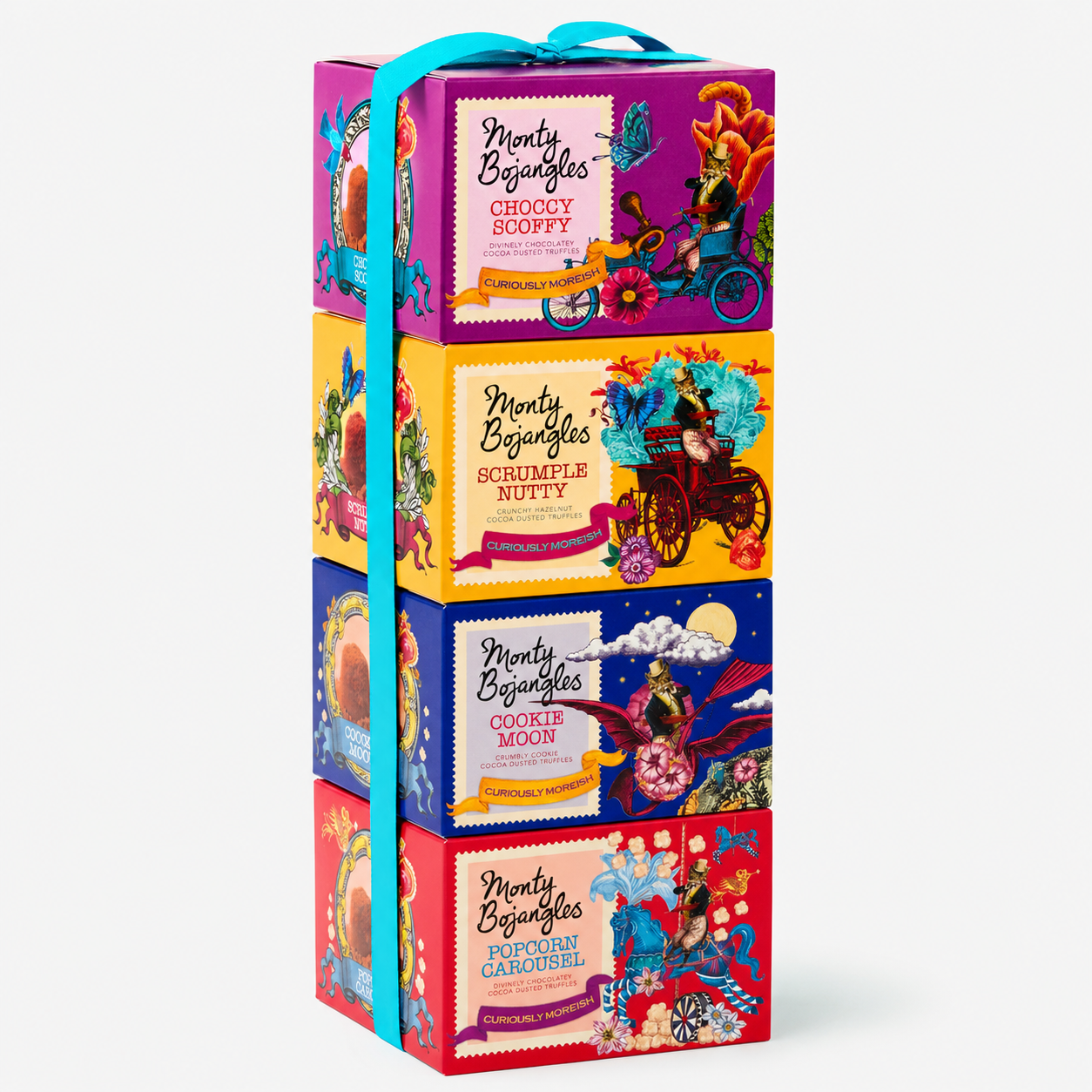 Monty Bojangles four-box chocolate truffle gift tower tied with a turquoise ribbon, featuring Choccy Scoffy, Scrumple Nutty, Cookie Moon and Popcorn Carousel varieties in colourful illustrated packaging.