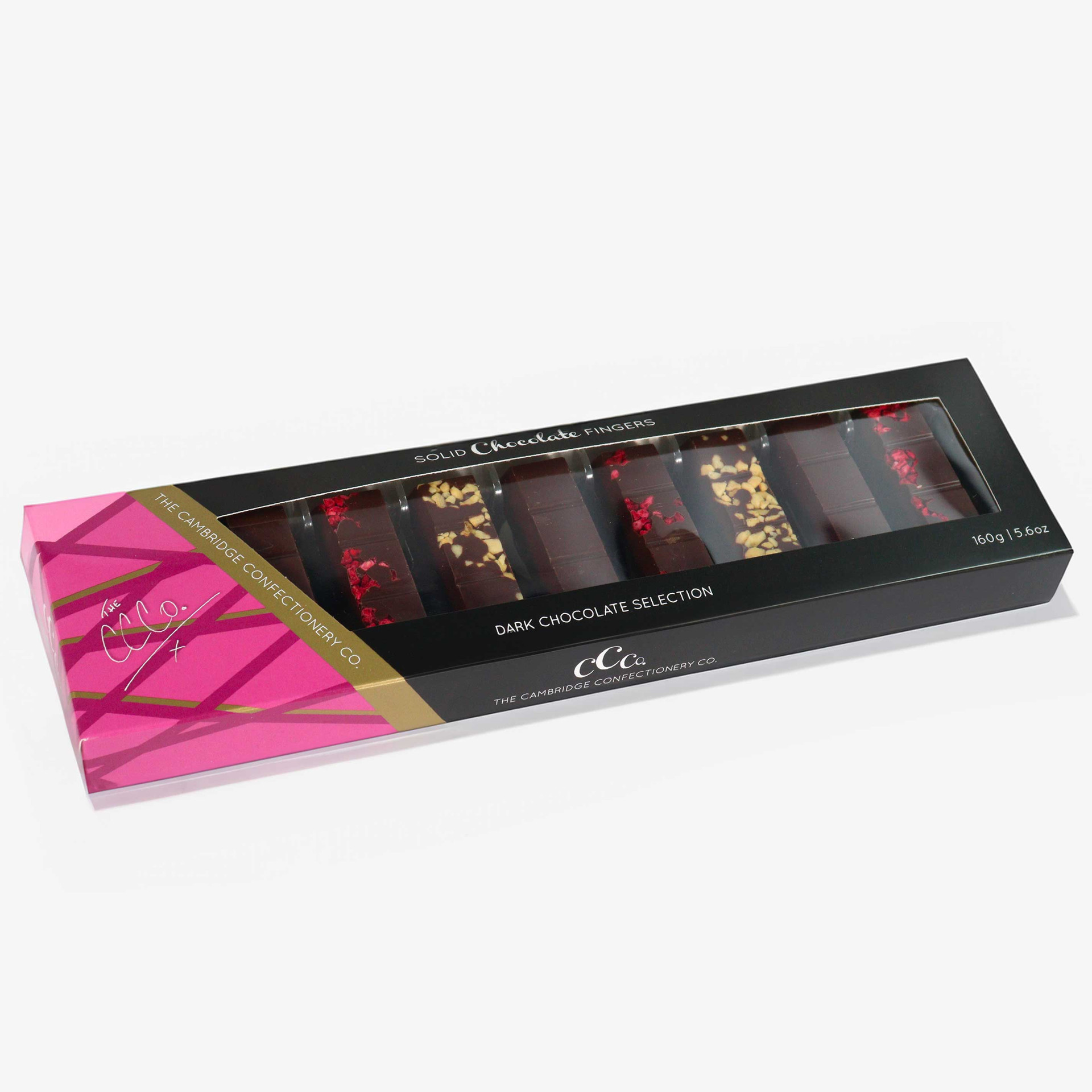 The Cambridge Confectionery Co. Dark Chocolate Selection box containing solid dark chocolate fingers decorated with nuts and dried fruit.