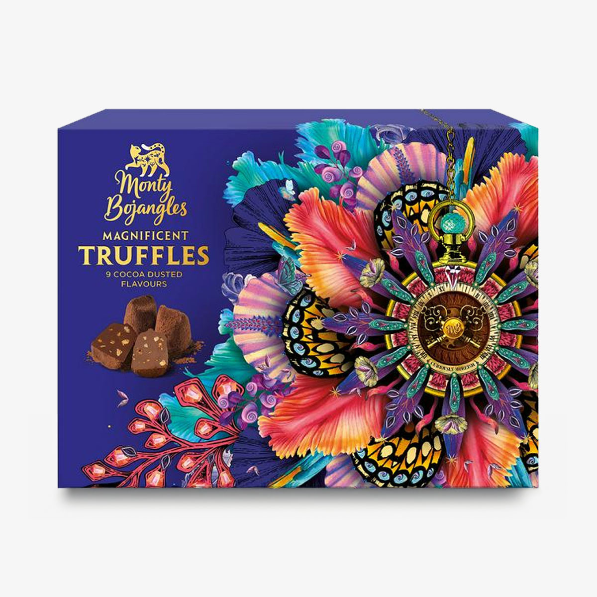 Box of Monty Bojangles Magnificent Truffles featuring nine cocoa-dusted truffle flavours in colourful decorative packaging.