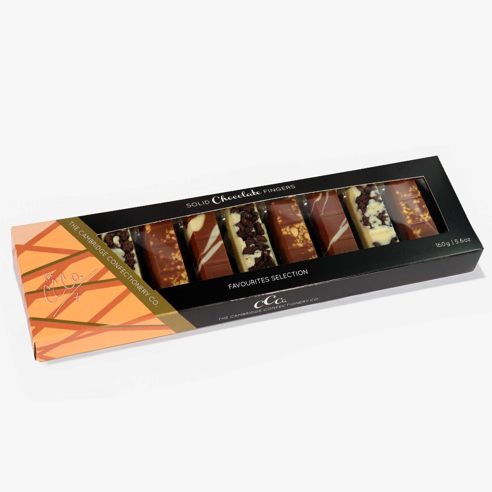 The Cambridge Confectionery Co. Favourites Selection box containing assorted solid milk and white chocolate fingers with decorative toppings.