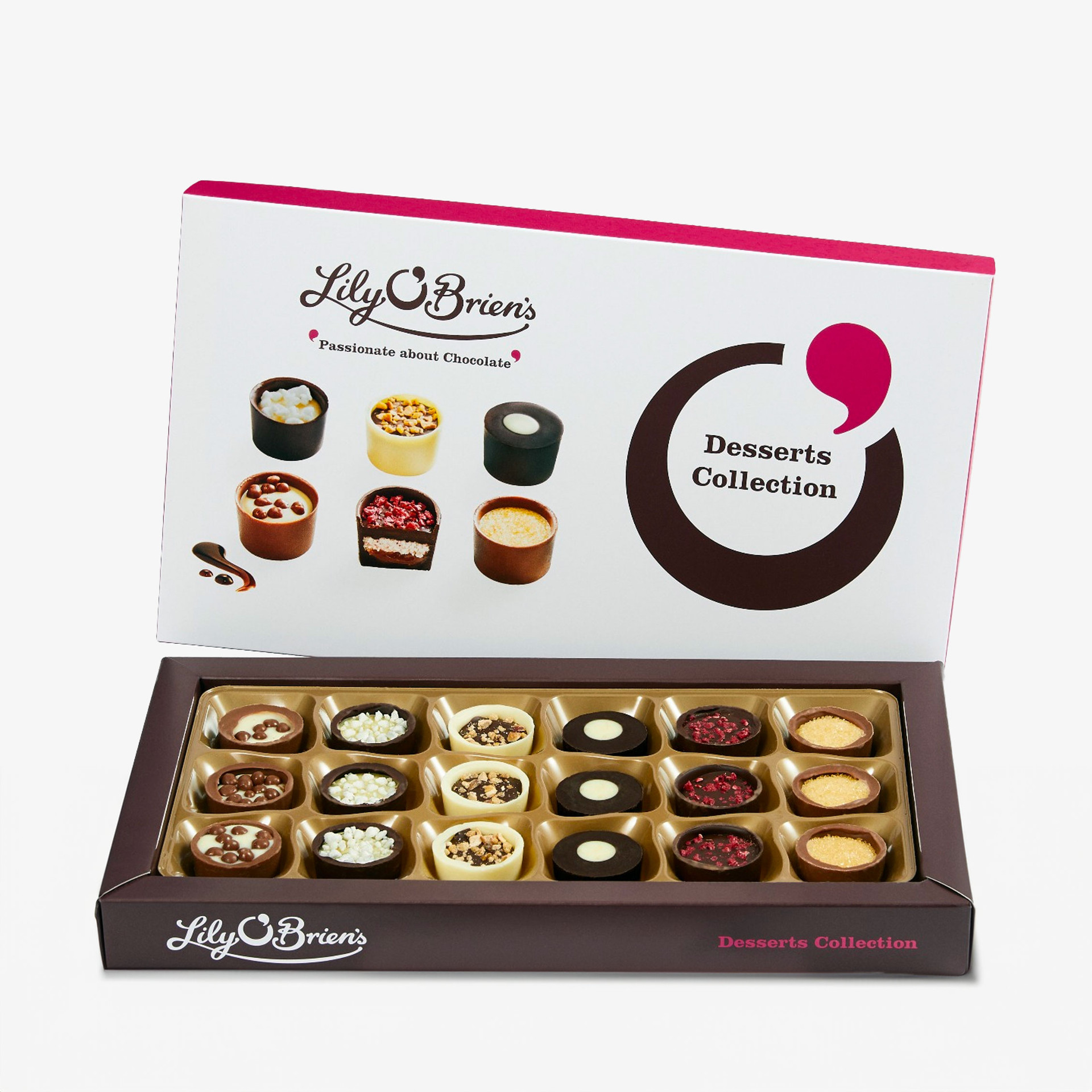 Lily O’Brien’s Desserts Collection, shown in an open brown and white presentation box containing 18 assorted dessert-inspired milk, dark and white chocolates.