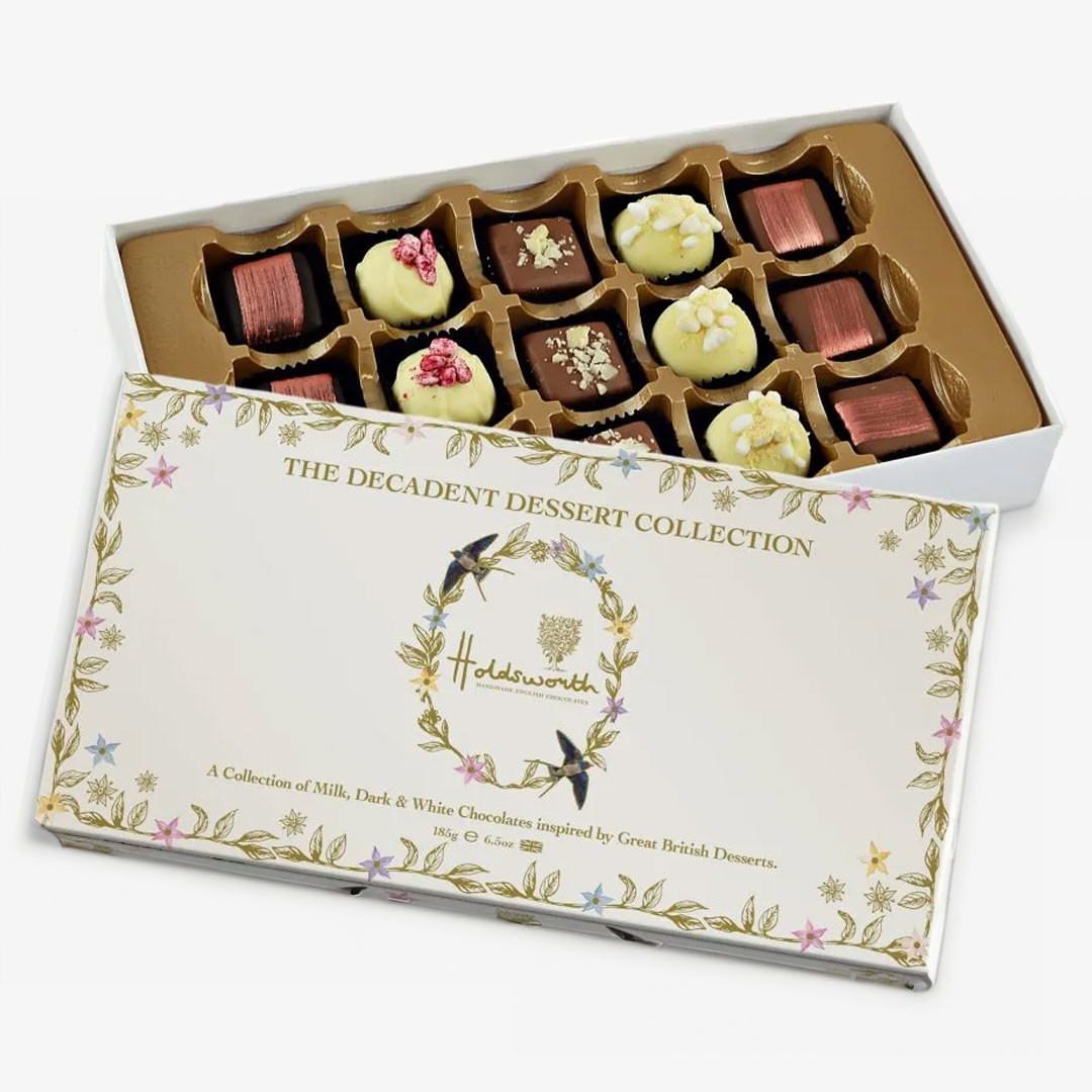 Holdsworth Decadent Dessert Collection box containing assorted milk, dark and white chocolates inspired by British desserts.