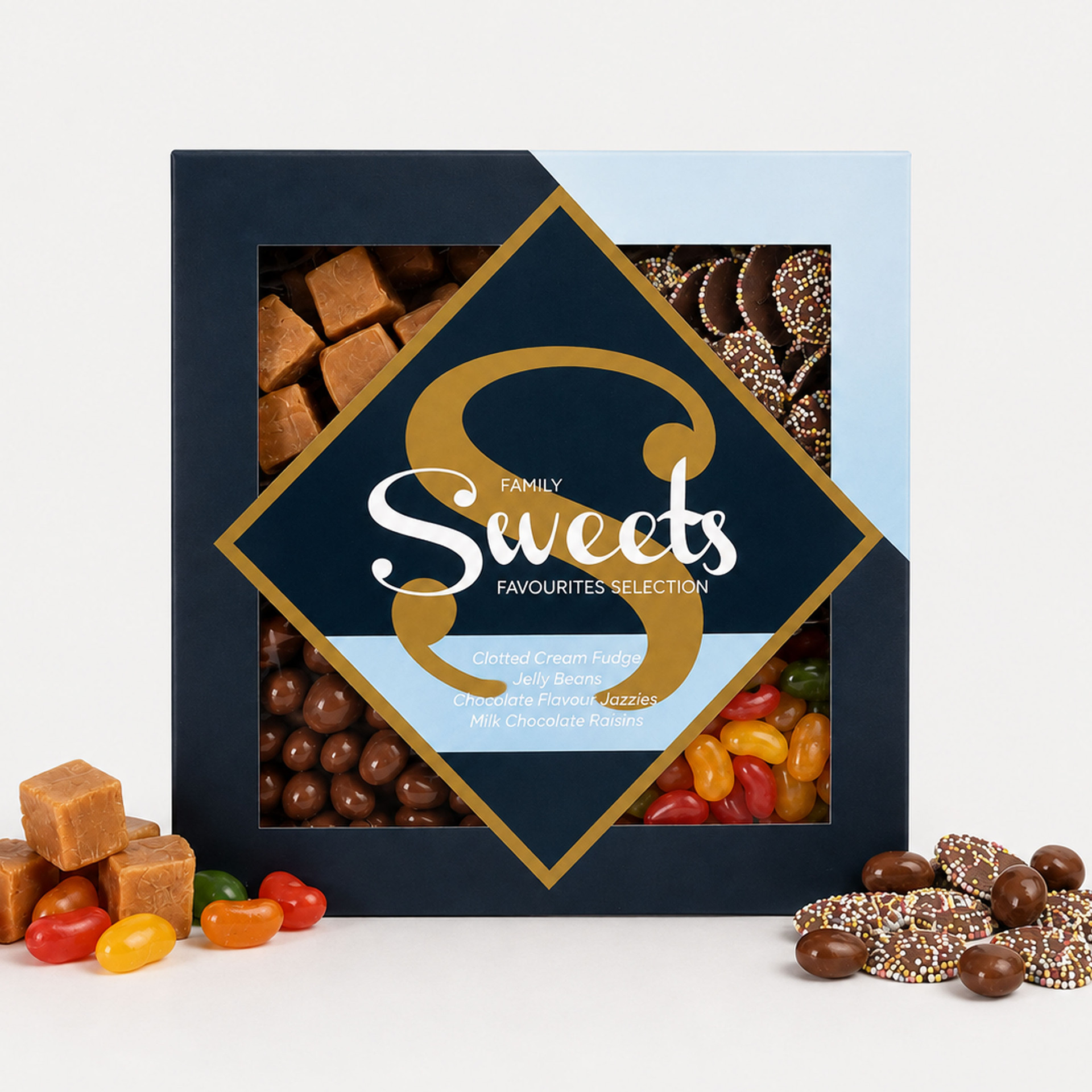 Family sweets gift box featuring an assortment of clotted cream fudge, jelly beans, chocolate flavour jazzies and milk chocolate raisins.
