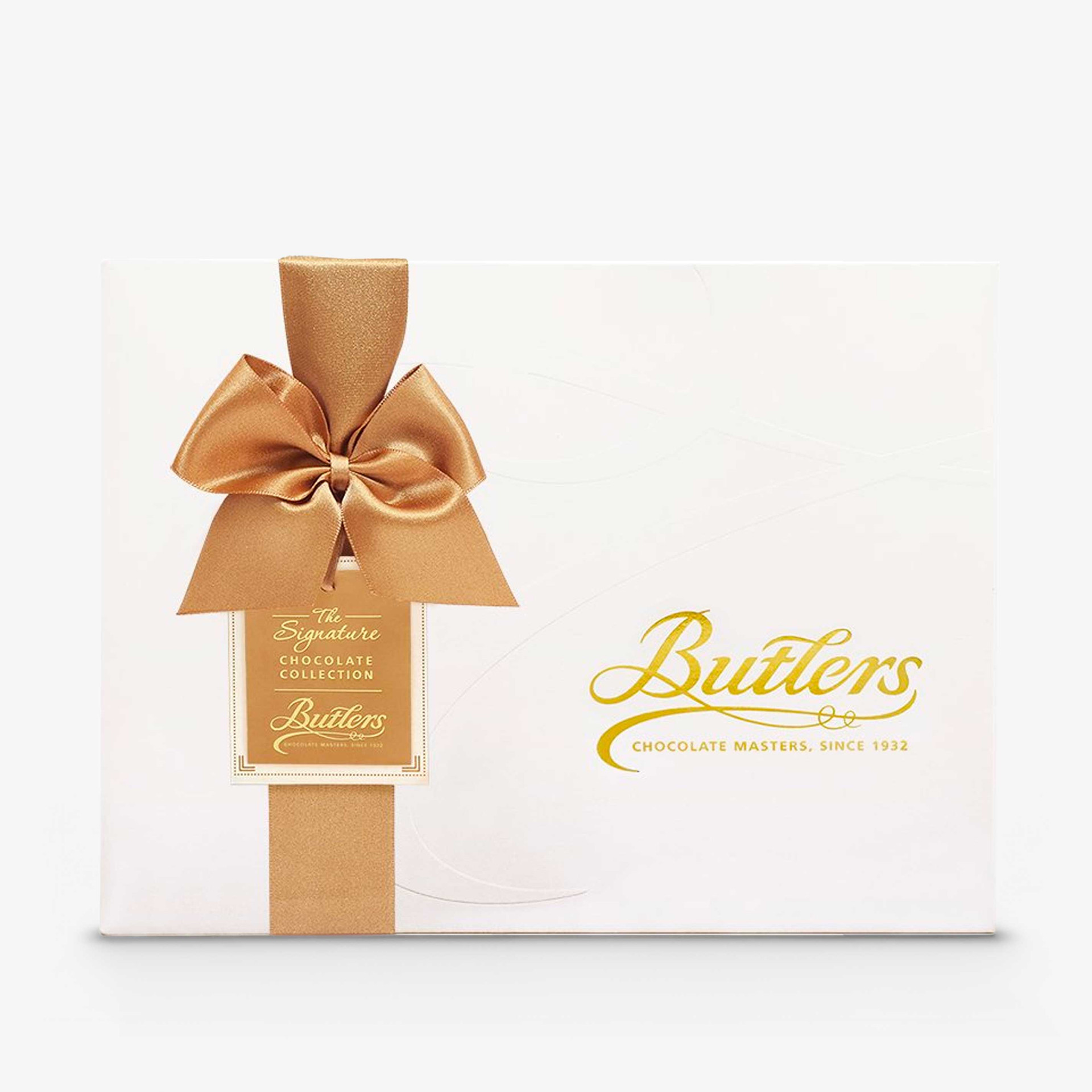 Butlers Signature Chocolate Collection gift box in white packaging, finished with a gold ribbon and bow.