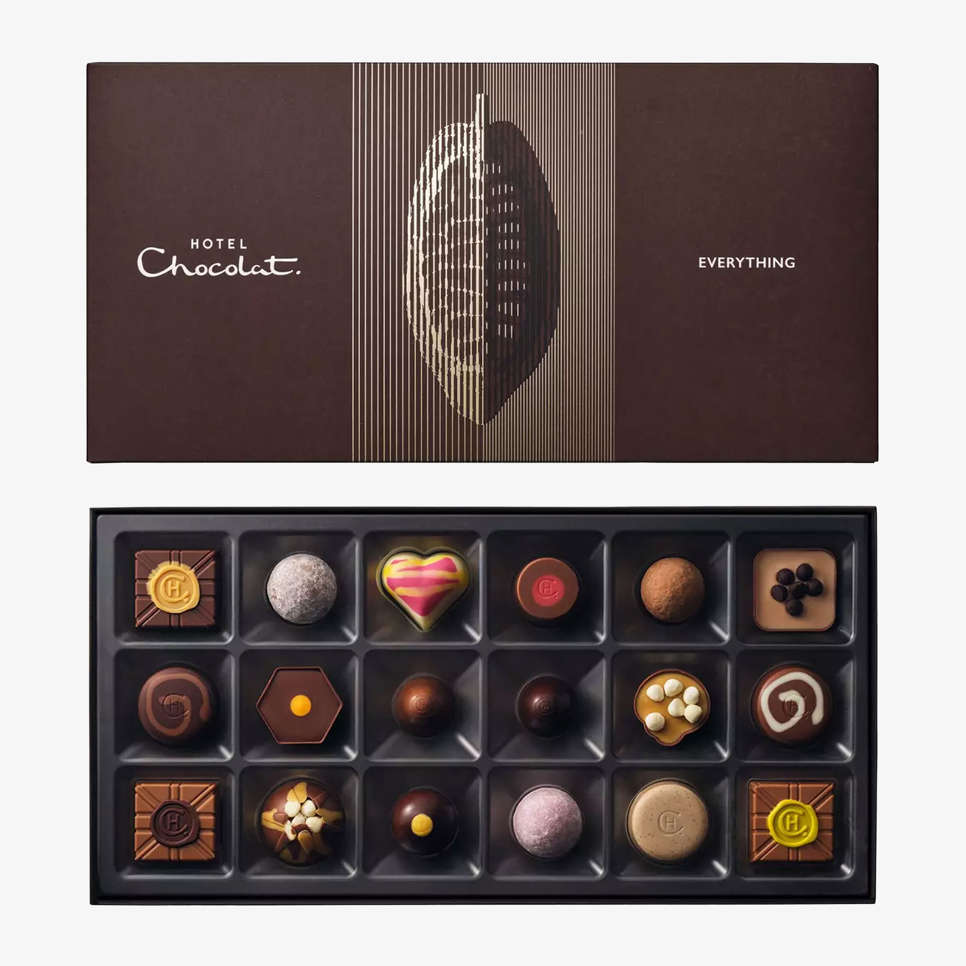 Hotel Chocolat Everything collection, with a dark brown presentation box and an open tray containing 18 assorted chocolates.